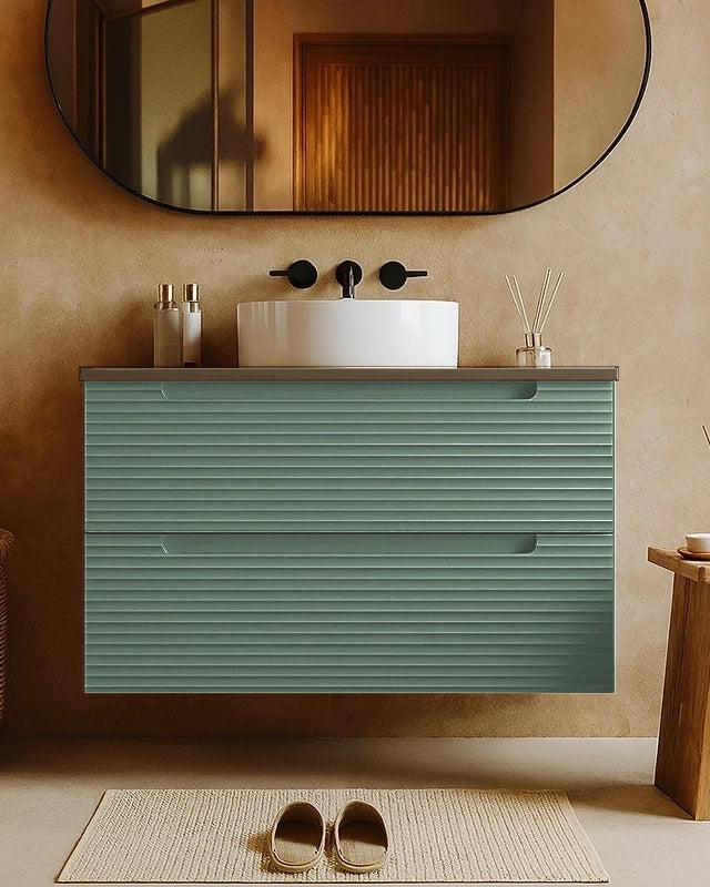 Mobile bagno muschio 80x45 Mango top noce e lavabo da Musk con lavabo e rubinetteria, vista frontale su sfondo neutro...