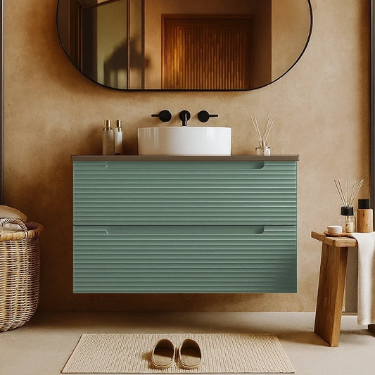 Mobile bagno muschio 80x45 Mango due cassetti soft close con top noce e lavabo tondo da appoggio in ceramica lucida