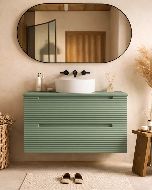 Mobile bagno muschio 80x45 Mango lavabo tondo da appoggio Musk con lavabo e rubinetteria, vista frontale su sfondo neutro...