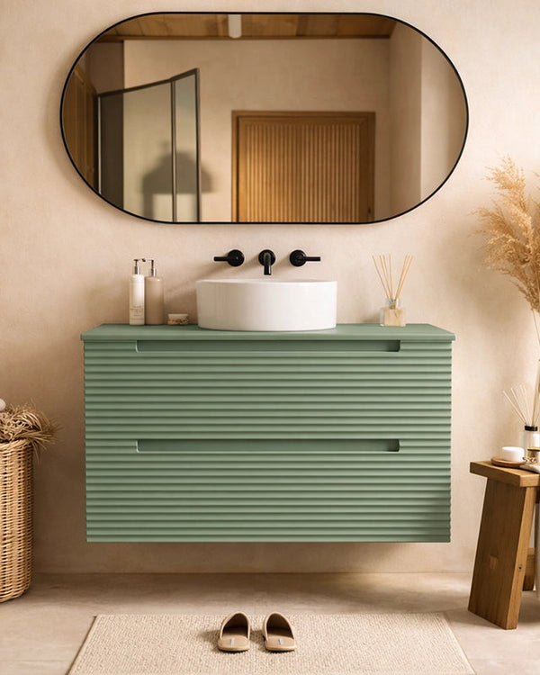 Mobile bagno muschio 80x45 Mango lavabo tondo da appoggio Musk con lavabo e rubinetteria, vista frontale su sfondo neutro...