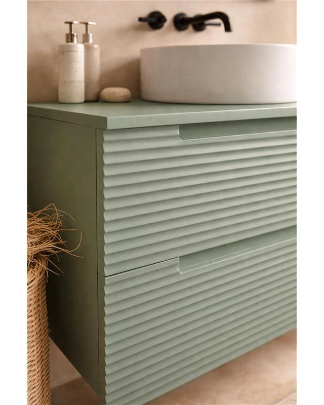 Mobile bagno muschio 80x45 Mango lavabo tondo da appoggio Musk, vista dall'alto del piano con lavabo - Exagonshop