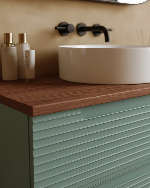 Mobile bagno muschio 80x45 Mango top noce e lavabo da Musk, dettaglio ravvicinato della finitura e del cassetto - Exagonshop