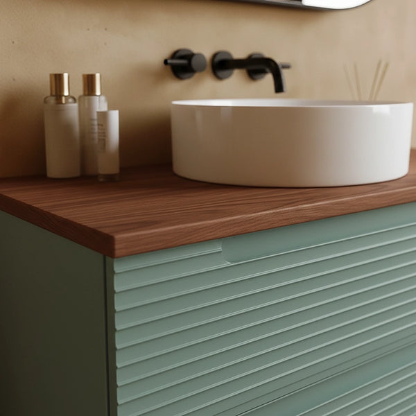 Mobile bagno muschio 80x45 Mango top noce e lavabo tondo da appoggio in ceramica