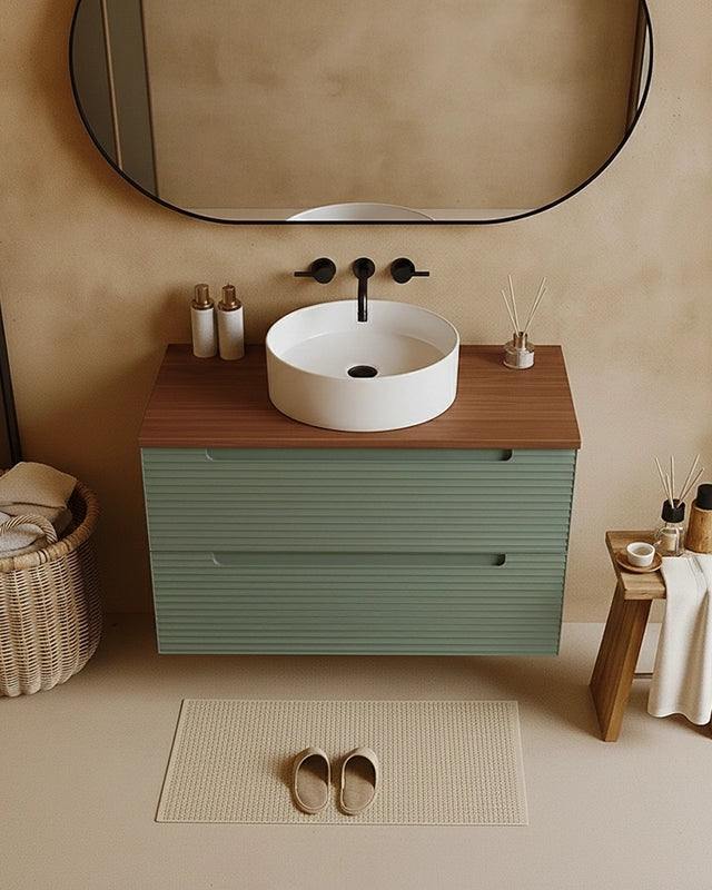 Mobile bagno muschio 80x45 Mango top noce e lavabo da Musk, vista dall'alto del piano con lavabo - Exagonshop