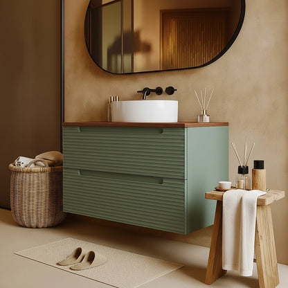 Mobile bagno muschio 80x45 Mango top noce e lavabo tondo da appoggio in ceramica