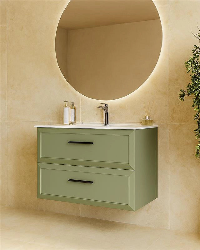 Mobile bagno muschio 100x45 Praga con lavabo in ceramica Musk in opaco e naturale con lavabo e rubinetteria, vista...