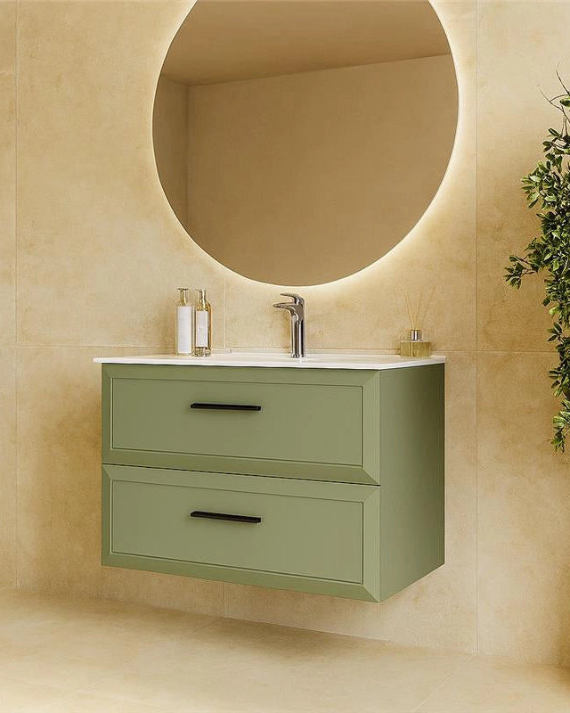 Mobile bagno muschio 80x45 Praga lavabo in ceramica lucido in opaco con lavabo e rubinetteria, vista frontale su sfondo...