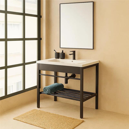 Mobile bagno nero 80x47 Borg a pavimento con lavabo struttura in metallo e specchio