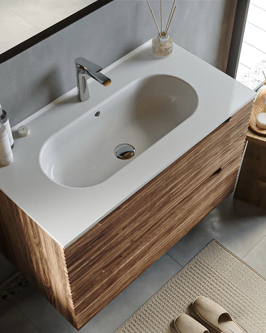 Mobile bagno noce 100x45 Mango effetto legno lavabo in Noce Scuro, vista dall'alto del piano con lavabo - Exagonshop