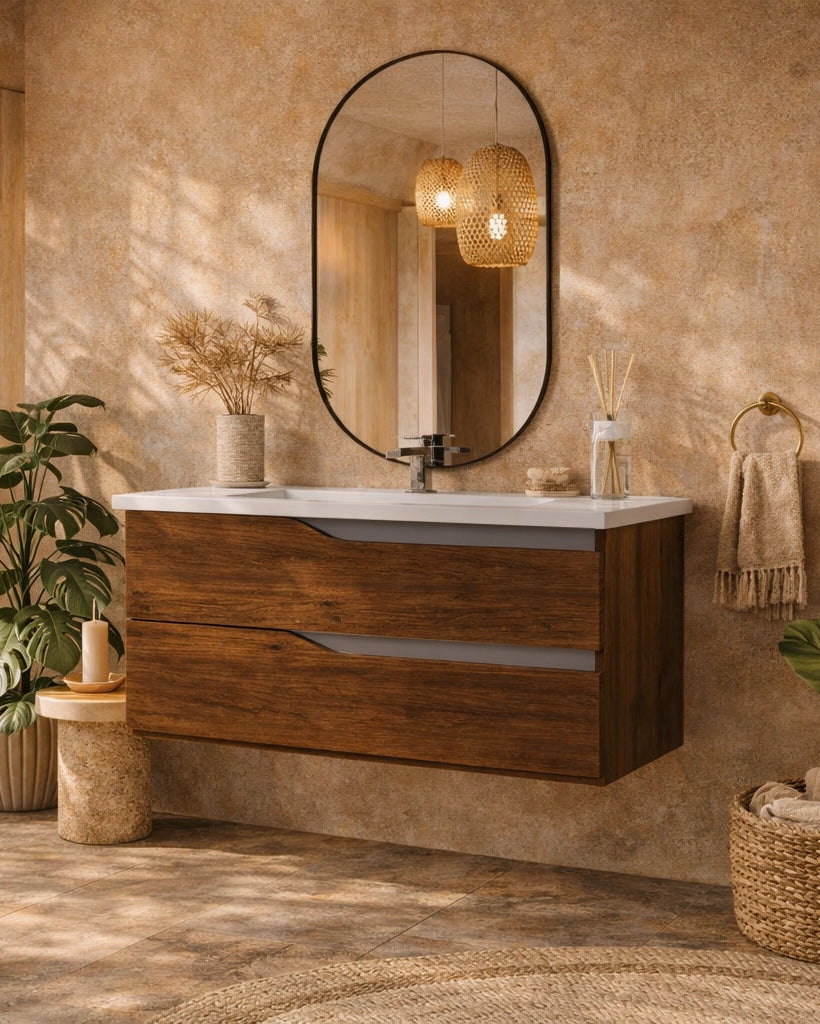 Mobile bagno noce 100x46 Gaia con lavabo in ceramica Noce Tort Opaco ambientato in bagno moderno con specchio e accessori...