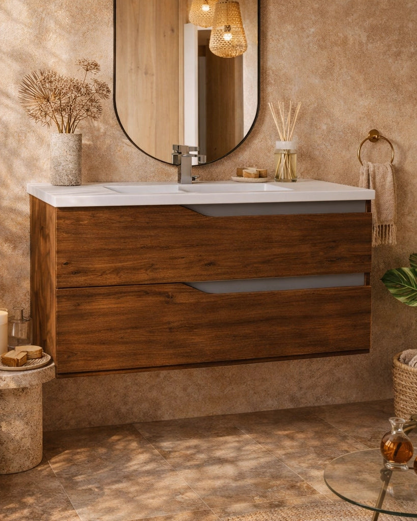 Mobile bagno noce 100x46 Gaia con lavabo in ceramica Noce Tort Opaco con lavabo e rubinetteria, vista frontale su sfondo...