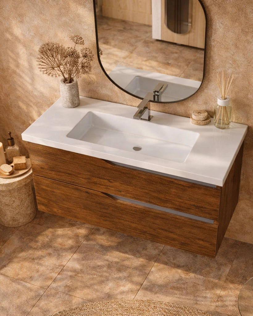 Mobile bagno noce 100x46 Gaia con lavabo in ceramica Noce Tort Opaco, vista dall'alto del piano con lavabo - Exagonshop