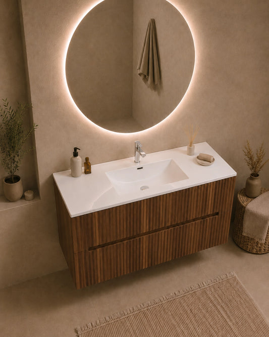 Mobile bagno noce 100x46 cannettato Urbino 2.0 con lavabo in resina