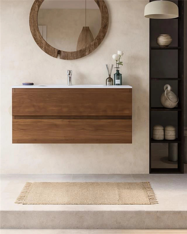 Mobile bagno noce chiaro 120x45 Pesaro lavabo in Noce Soft in mineralmarmo e mdf con lavabo e rubinetteria, vista...