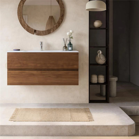 Mobile bagno noce chiaro 120x45 Pesaro con lavabo in mineralmarmo