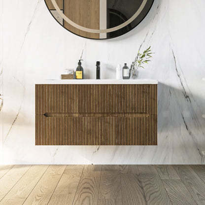 Mobile bagno noce chiaro 120x46 cannettato Urbino due cassetti con lavabo in ceramica