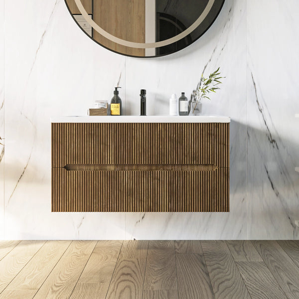 Mobile bagno noce chiaro 120x46 cannettato Urbino due cassetti con lavabo in ceramica