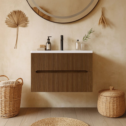 Mobile bagno noce chiaro 60x46 cannettato Urbino due cassetti con lavabo in ceramica