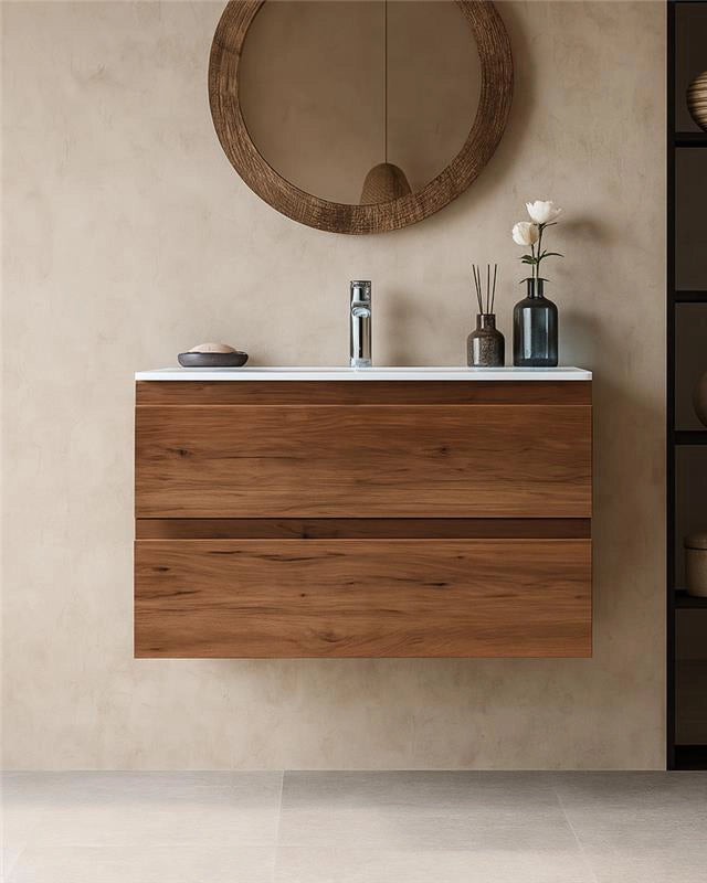 Mobile bagno noce chiaro 90x45 Pesaro lavabo in ceramica Noce Soft con lavabo e rubinetteria, vista frontale su sfondo...
