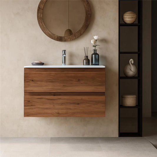 Mobile bagno noce chiaro 90x45 Pesaro due cassetti con lavabo in ceramica