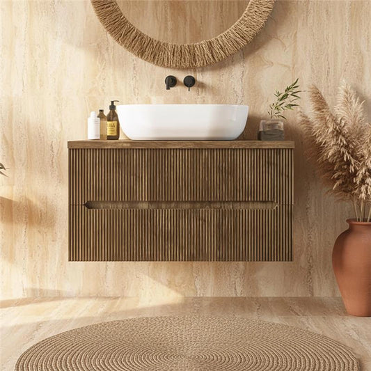 Mobile bagno noce chiaro 90x46 cannettato Urbino con ciotola appoggio in ceramica