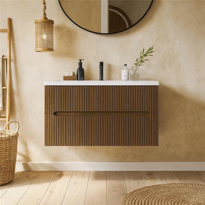 Mobile bagno noce chiaro 120x46 cannettato Urbino due cassetti con lavabo in ceramica