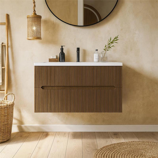 Mobile bagno noce chiaro 120x46 cannettato Urbino due cassetti con lavabo in ceramica