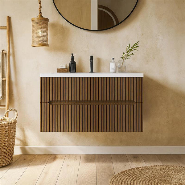 Mobile bagno noce chiaro 90x46 cannettato Urbino due cassetti con lavabo in ceramica