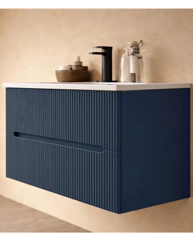 Mobile bagno petrolio 120x46 cannettato Urbino con lavabo ambientato in bagno moderno con specchio e accessori - Exagonshop