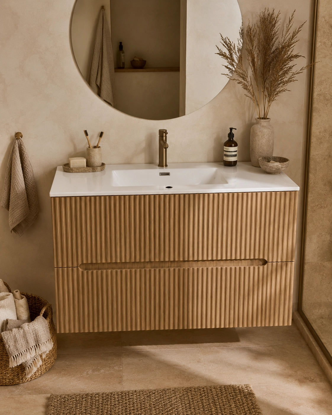 Mobile bagno quercia 100x46 cannettato Urbino 2.0 con lavabo in resina