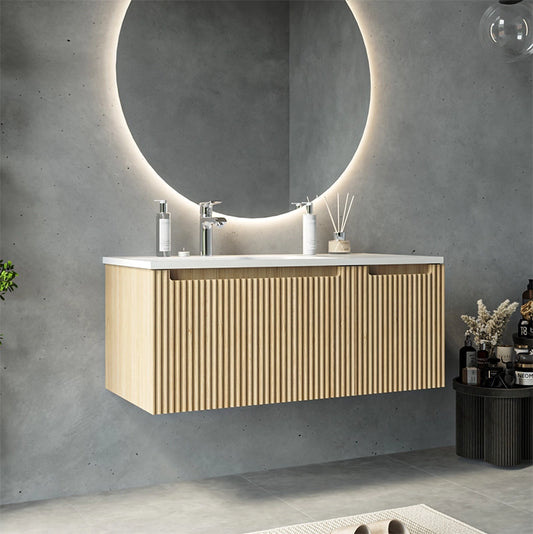 Mobile bagno quercia 100x46 cannettato Urbino 2.0 con lavabo sinistro in resina un anta e cassetto