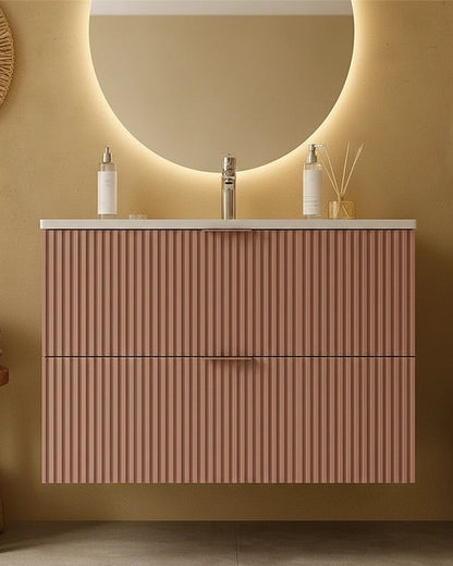 Mobile bagno rosa 82x47 cannettato lavabo in ceramica Teramo, dettaglio ravvicinato della finitura e del cassetto...