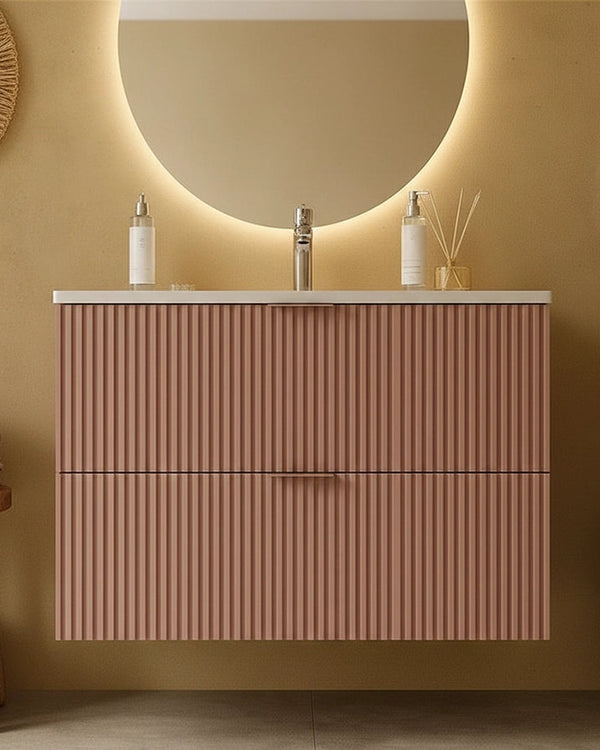 Mobile bagno rosa 82x47 cannettato lavabo in ceramica Teramo, dettaglio ravvicinato della finitura e del cassetto...