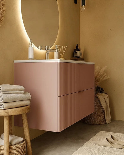 Mobile bagno rosa 82x47 cannettato lavabo in ceramica Teramo, vista dall'alto del piano con lavabo - Exagonshop