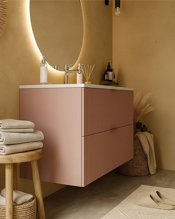 Mobile bagno rosa 82x47 cannettato lavabo in ceramica Teramo, vista dall'alto del piano con lavabo - Exagonshop