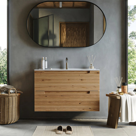 Mobile bagno rovere 100x45 Mango due cassetti soft close effetto legno con lavabo in ceramica lucida