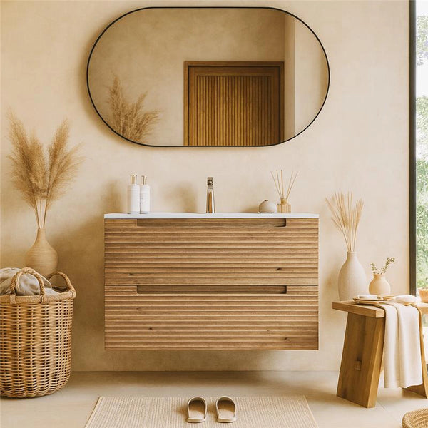 Mobile bagno rovere 80x45 Mango due cassetti soft close effetto legno con lavabo in ceramica lucida