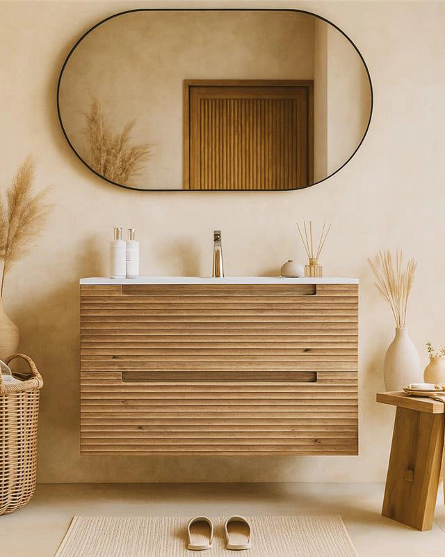Mobile bagno rovere 80x45 Mango effetto legno con lavabo in con lavabo e rubinetteria, vista frontale su sfondo neutro...