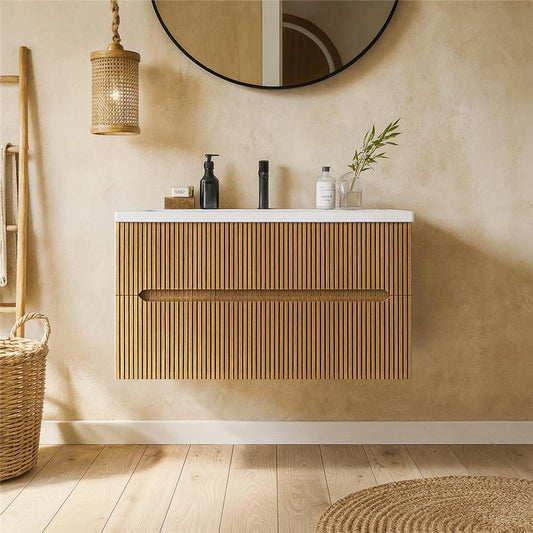 Mobile bagno rovere 120x46 cannettato Urbino due cassetti con lavabo in ceramica