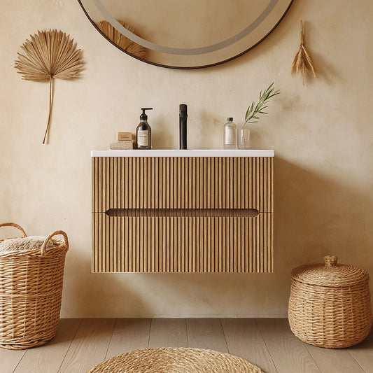 Mobile bagno rovere 70x46 cannettato Urbino due cassetti con lavabo in ceramica