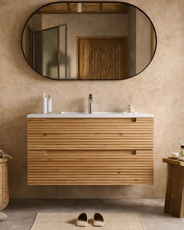 Mobile bagno rovere 80x45 Mango effetto legno con lavabo in, dettaglio ravvicinato della finitura e del cassetto - Exagonshop