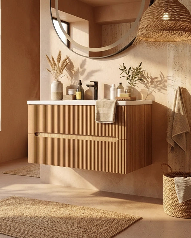 Mobile bagno rovere 90x46 cannettato Urbino con lavabo in ambientato in bagno moderno con specchio e accessori - Exagonshop