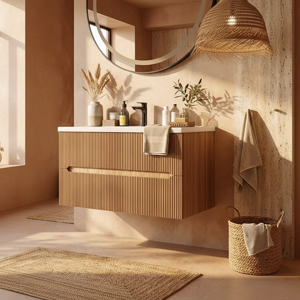 Mobile bagno rovere 90x46 cannettato Urbino due cassetti con lavabo in ceramica