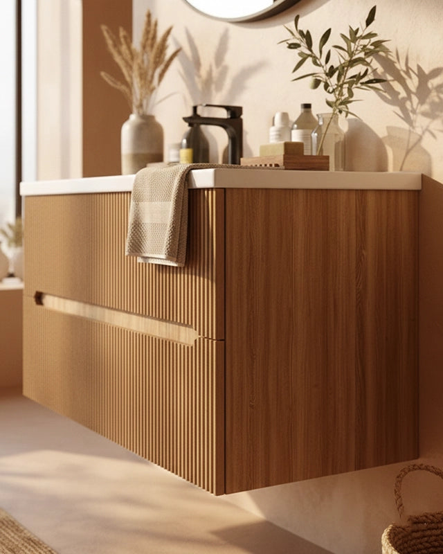 Mobile bagno rovere 90x46 cannettato Urbino con lavabo in, dettaglio ravvicinato della finitura e del cassetto - Exagonshop