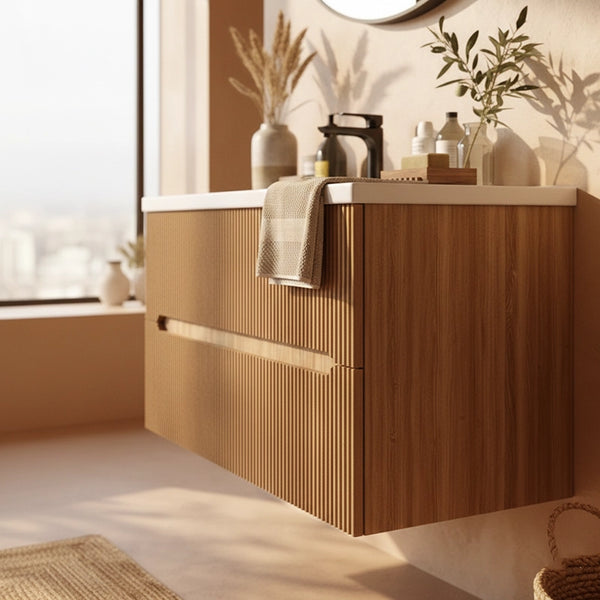 Mobile bagno rovere 90x46 cannettato Urbino due cassetti con lavabo in ceramica