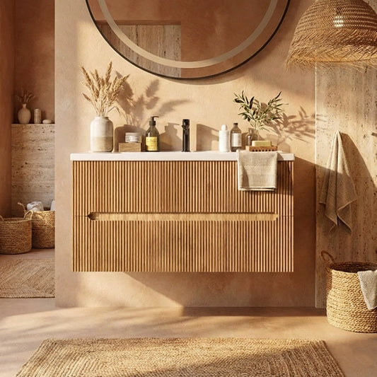 Mobile bagno rovere 90x46 cannettato Urbino due cassetti con lavabo in ceramica