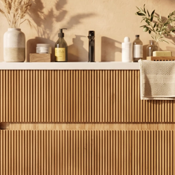 Mobile bagno rovere 90x46 cannettato Urbino due cassetti con lavabo in ceramica