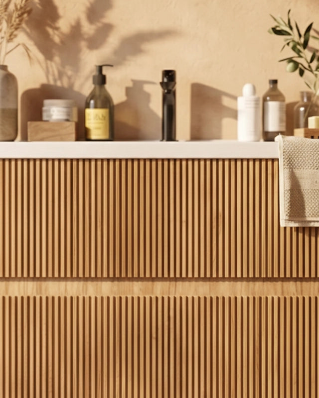 Mobile bagno rovere 90x46 cannettato Urbino con lavabo in, vista dall'alto del piano con lavabo - Exagonshop