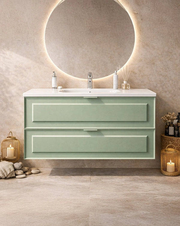Mobile bagno salvia opaco 102x47 Dublino con lavabo in in ceramica e naturale con lavabo e rubinetteria, vista frontale...