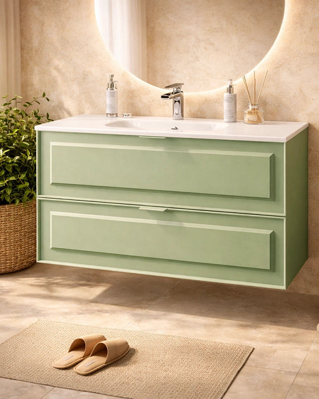Mobile bagno salvia opaco 102x47 Dublino con lavabo in ambientato in bagno moderno con specchio e accessori - Exagonshop